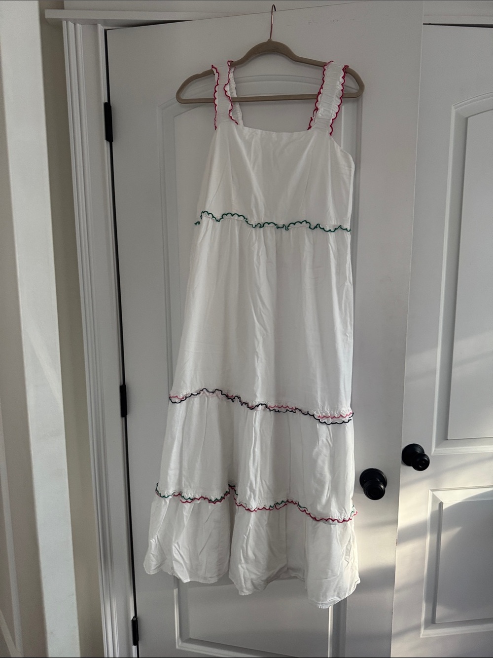 LOFT White Maxi Dress with Pink & Green Ruffle Trim